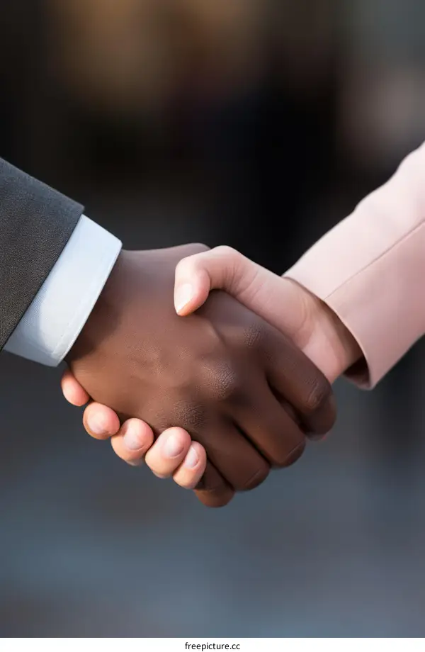 Business handshake between a black man and a white woman