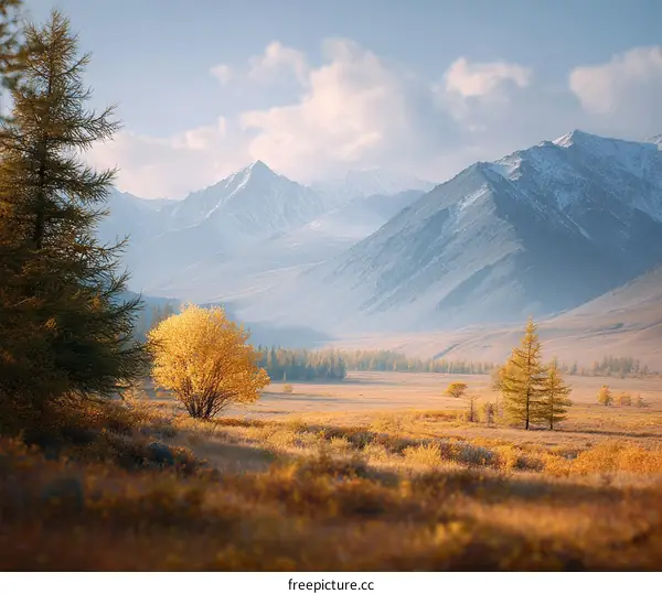 Autumnal Mountain Landscape with Golden Trees