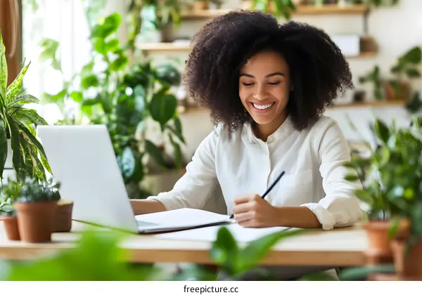 Smiling Woman Working from Home with Laptop and Plants