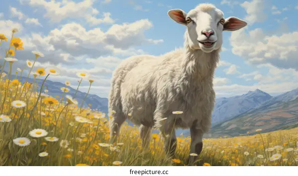 White Sheep Grazes Happily in Field of Yellow Flowers