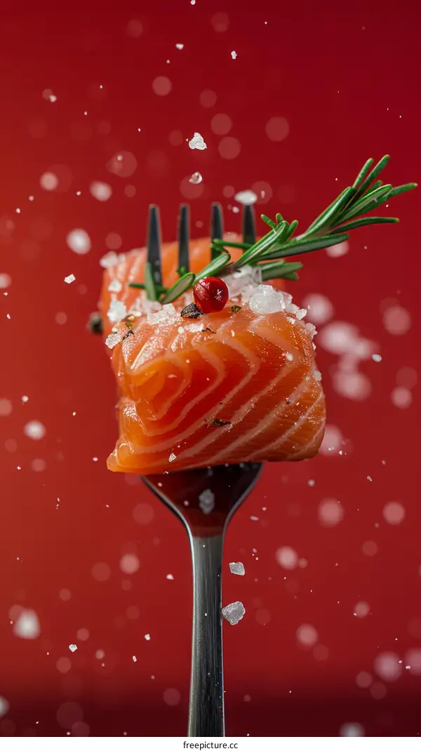 A piece of salmon fillet on a fork with rosemary and spices
