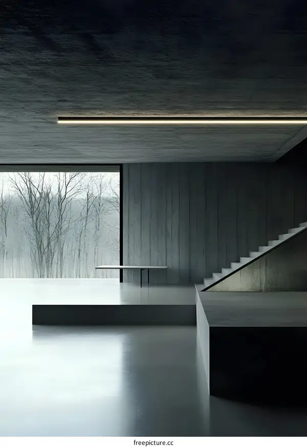 Minimalist Concrete House Interior Design with a View of Snowy Trees