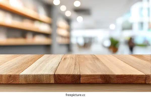 Wooden Table Top with Blurry Background of Shopping Mall