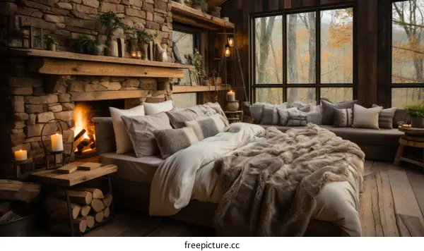 cozy bedroom with fireplace and fur bedding