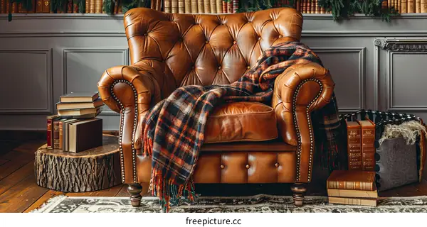 A leather armchair with a plaid blanket and books