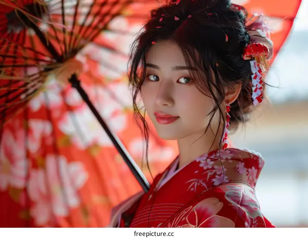 Portrait of a beautiful Japanese woman in traditional kimono