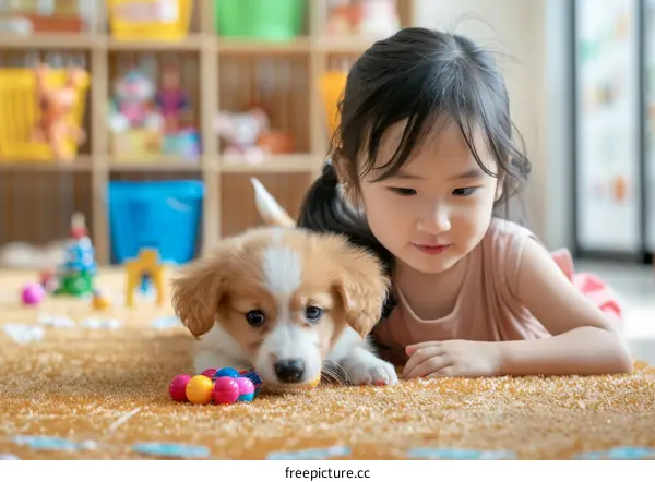Asian toddler girl playing with a puppy on the floor