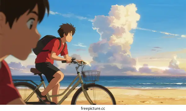 Teenage boys riding bicycles on sunny beach at sunset