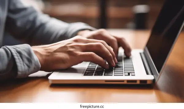 A person typing on a laptop computer keyboard
