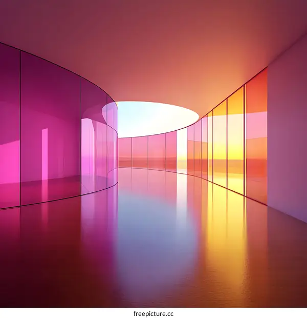 Modern Building Interior Design with Colorful Glass Walls and Sunset View