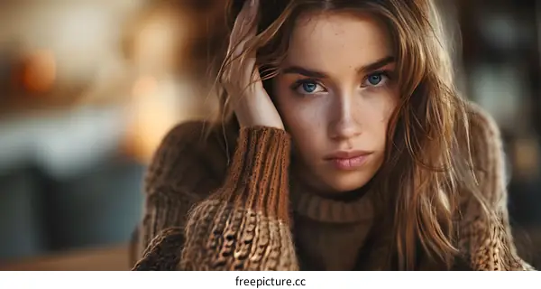 portrait of a young woman with freckles and blue eyes