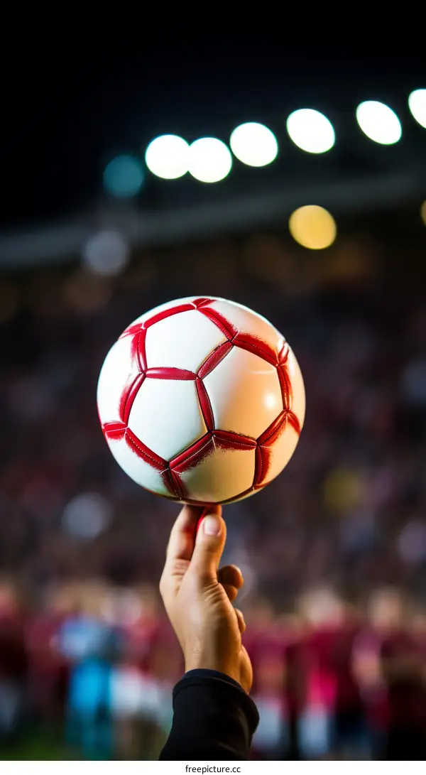 A hand holding a soccer ball in a stadium with blurred background