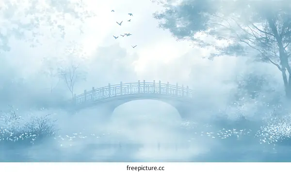 Misty Blue Bridge Landscape Illustration
