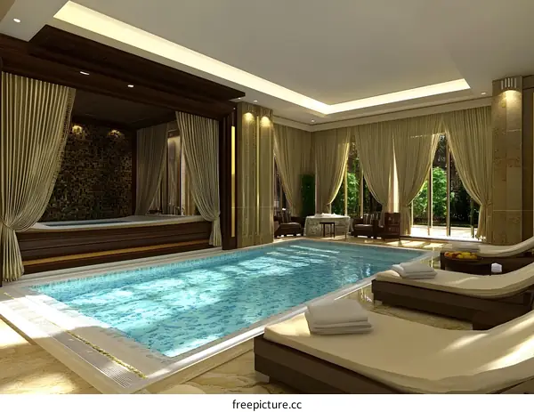 Luxury Indoor Swimming Pool with Beige Curtains and Loungers