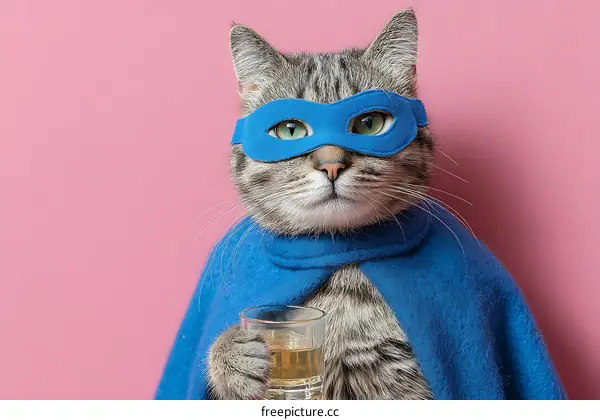 Superhero Cat with Blue Mask and Cape