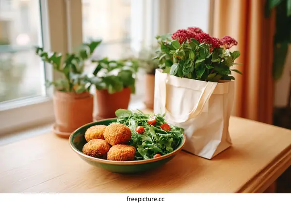 Delicious Homemade Falafel with Fresh Salad and Eco-Friendly Bag