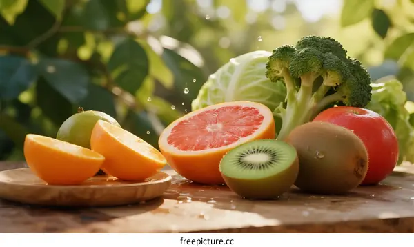 Fresh Fruits and Vegetables Arranged on Wooden Surface