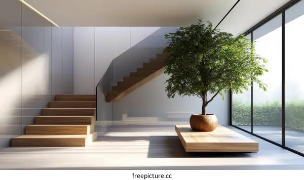 Modern Minimalist Interior Design with Wooden Staircase and Large Tree