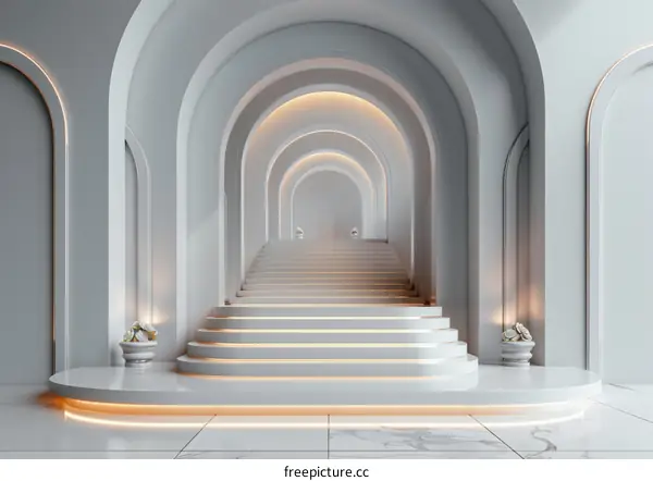 A modern white staircase with gold accents