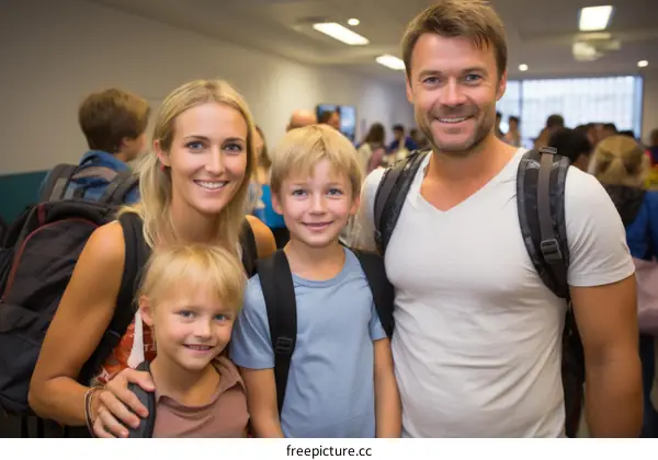 Family of four with blonde hair and blue eyes smiling at the camera