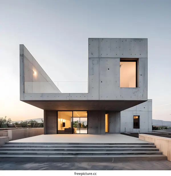 Modern Concrete House with Large Windows and Patio