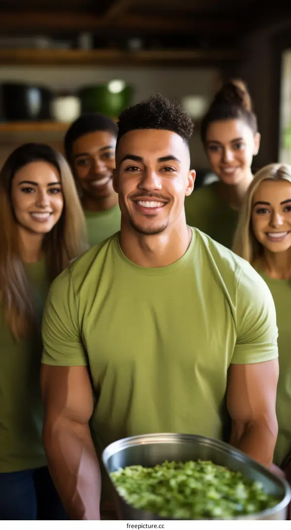 A group of volunteers smile for a photo while preparing a meal at a local soup kitchen.
