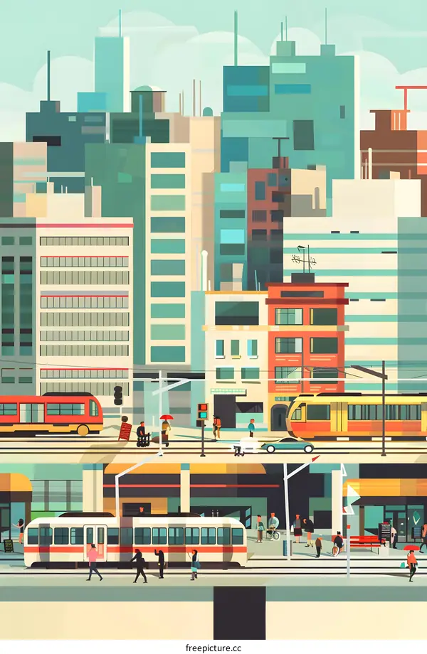 Cityscape with Train Station and People Walking