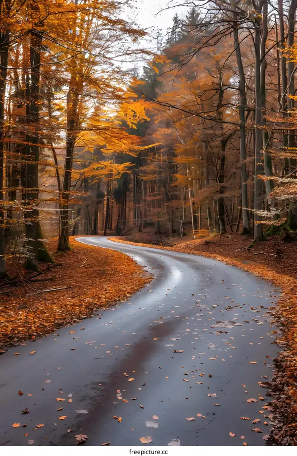 Curvy Road in Autumn Forest with Golden Leaves