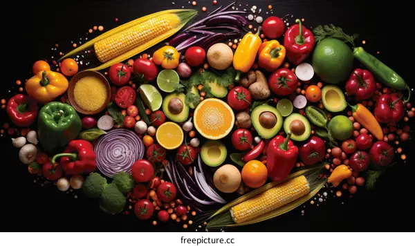 A variety of fresh vegetables and fruits are arranged on a black background