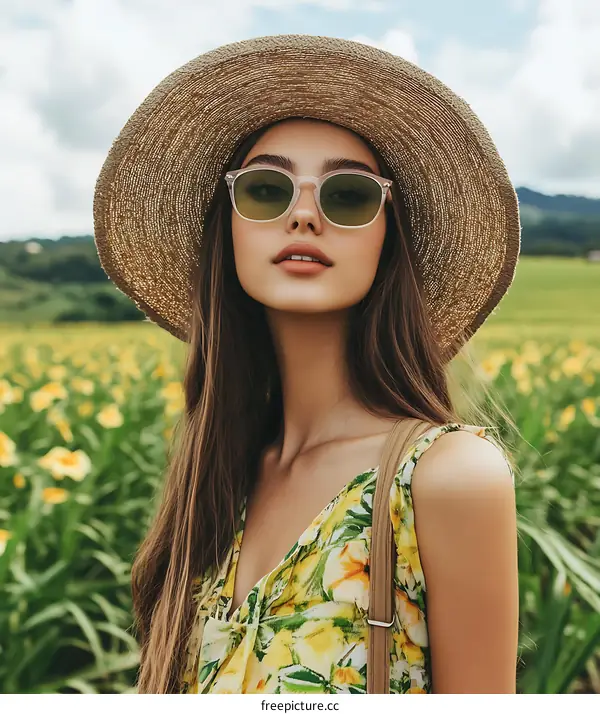 Woman in Straw Hat and Sunglasses Posing in Field of Flowers