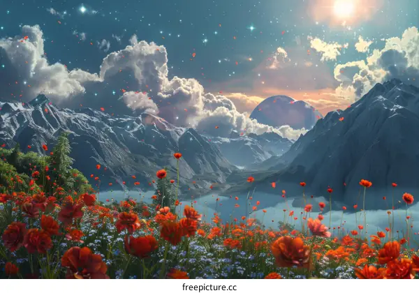 Mystical Landscape with Vibrant Red Flowers and Distant Peaks