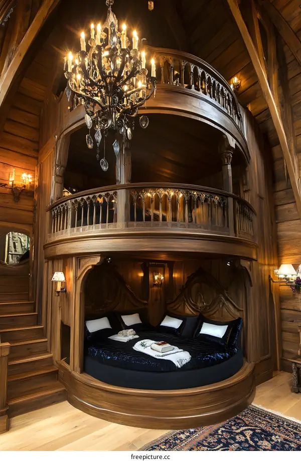 Wooden Cabin with Round Bed and Chandelier