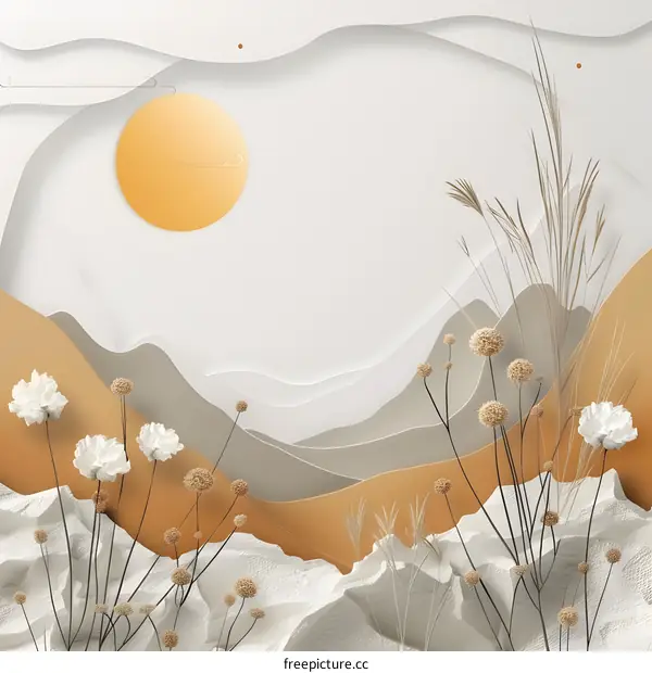 Abstract Paper Cut Mountain Landscape With Sun