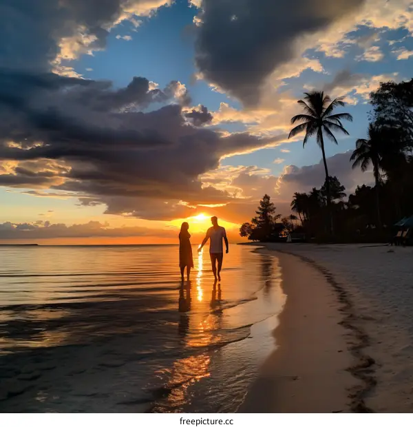 Couple walking on the beach at sunset