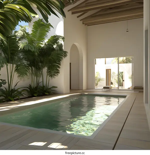 Minimalist Swimming Pool Design with Wooden Beams