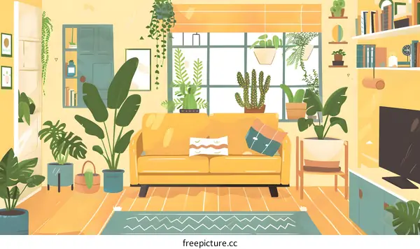 Yellow Sofa In Living Room With Many Green Plants