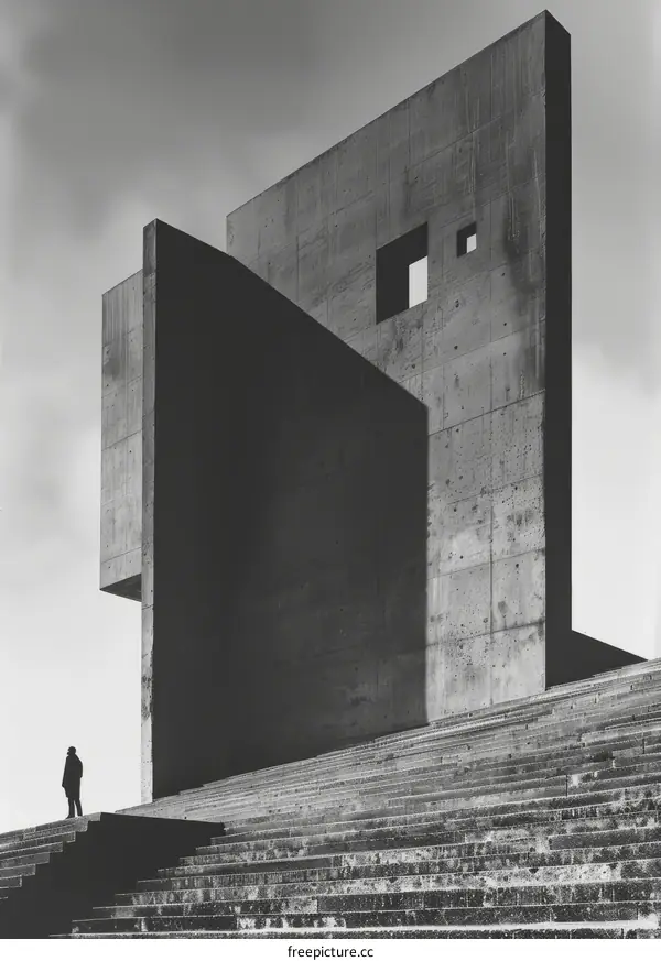 A person standing on the steps of a concrete building