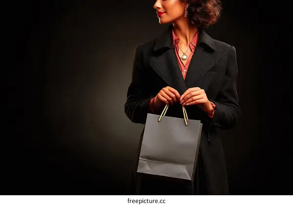 Woman Holding Shopping Bag in Dark Background