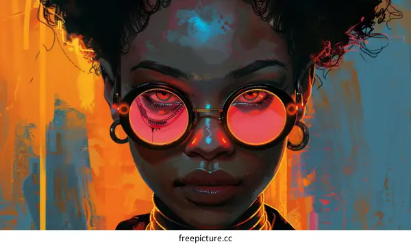 Afrofuturism portrait of a black woman wearing glasses
