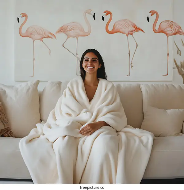 Woman Relaxing on a Sofa with Plush Blanket