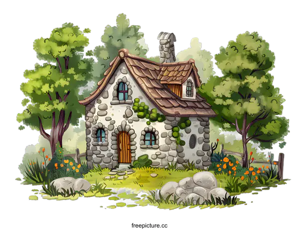[Transparent Background PNG]Stone Cottage in the Woods with Green Trees and Flowers