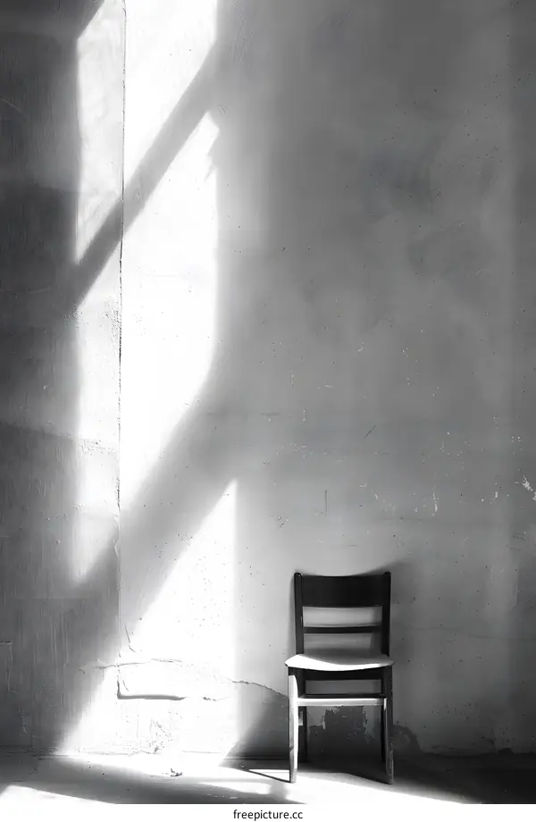 Black and White Photo of a Chair in a Room with Sunlight Streaming Through a Window