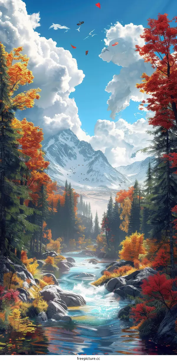 Autumn Forest River with Mountain