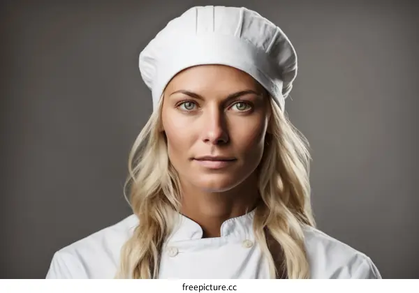 portrait of a female chef wearing a white toque and white chef coat