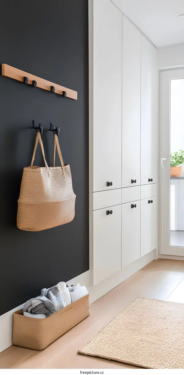 Modern Entryway with Black Wall and White Cabinets