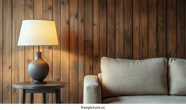 Cozy Living Room Decor with Wooden Wall and Table Lamp