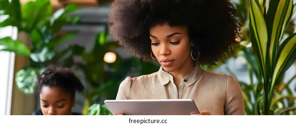 African American Woman Using Tablet In A Coffee Shop