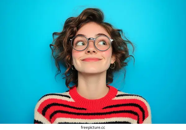 Smiling Woman with Curly Hair and Glasses Looking Up