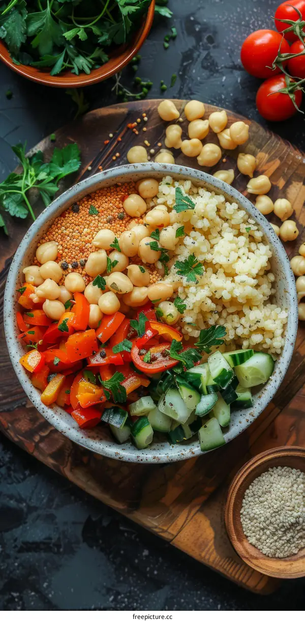 chickpea salad with bulgur, cucumber, tomato and parsley