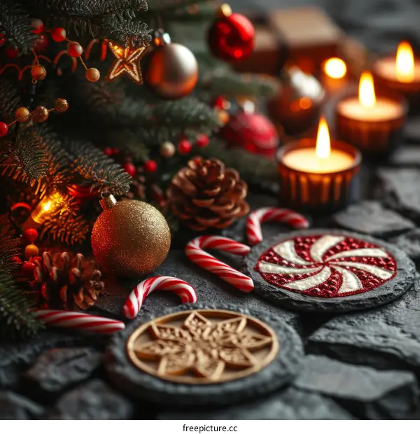 Festive Christmas Decoration with Candy Canes, Ornaments, and Candles